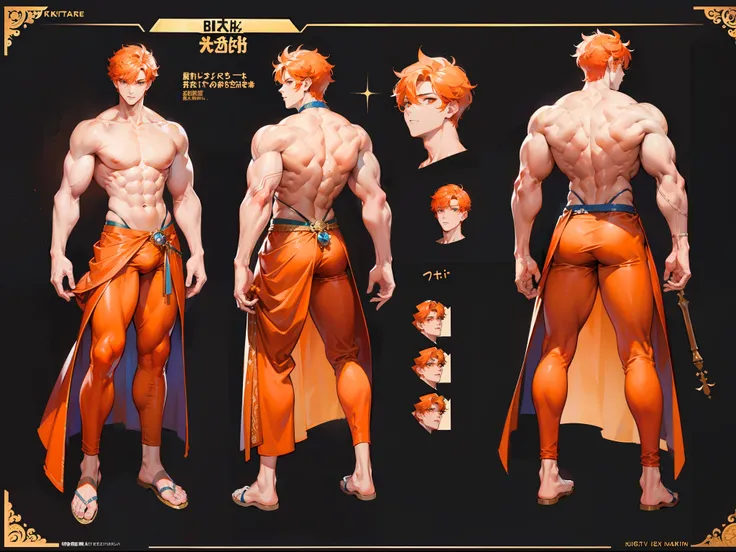 ((Masterpiece, Highest quality)), Detailed face, character design sheet， full bodyesbian, Full of details, frontal body view, back body view, Highly detailed, Depth, Many parts, Muscle boy with orange hair，handsome man, muscle body, white outfit male gods,...