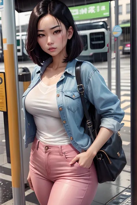 raffed asian woman, dark bob hair, dynamic hair, big brown eyes, pink lips, pout lips, white fair skin, lean body type, wet shirt, jeans, under the rain, bus stop, raining, waiting for the bus,