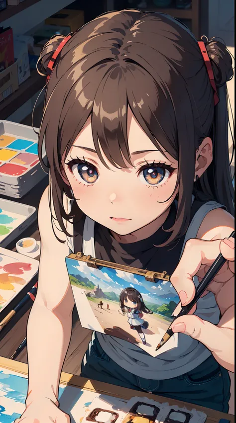 (1girl in, Solo:1.4), Cute, (Chibi:1.6),It depicts a touching moment when a pretty girl tries her hand at painting for the first time。She、Inside the art studio、Standing in front of the canvas、Pick up the brush。In those eyes、Mixed with anticipation and a li...