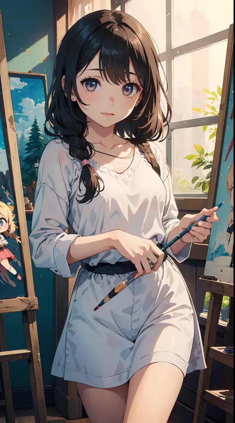 (1girl in, Solo:1.4), Cute, (Chibi:1.6),It depicts a touching moment when a pretty girl tries her hand at painting for the first time。She、Inside the art studio、Standing in front of the canvas、Pick up the brush。In those eyes、Mixed with anticipation and a li...