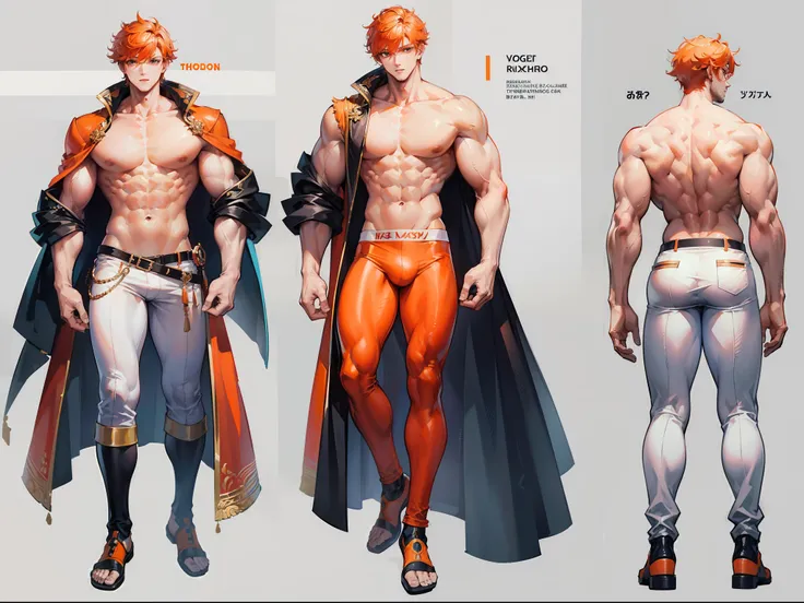 ((Masterpiece, Highest quality)), Detailed face, character design sheet， full bodyesbian, Full of details, frontal body view, back body view, Highly detailed, Depth, Many parts, Muscle boy with orange hair，handsome man, muscle body, white outfit male gods,...