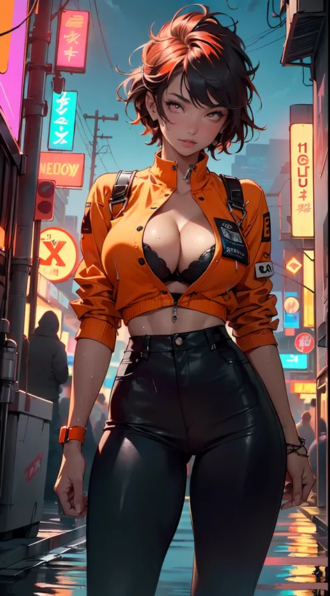 mechanical girl,(1girl: 1.3),((1 black girl with extremely cute and beautiful red hair)),((((black race)))),

(big breasts: 1.4),sagging breasts,(((short red hair: 1.35,cropped,redhead,very short hair))),(((neon_orange_eyes:1.3))),intricate eyes,beautiful ...