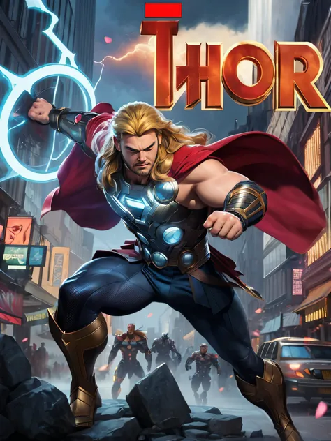 Thor the mighty avenge, Di Caprio as thor, artgerm comic, hero pose colorful city lighting, comic books cover, comic cover art, god of thunder, the god of thunder, comic book cover, artgerm greg rutkowski _ greg, comic cover, comic book cover style, comic ...