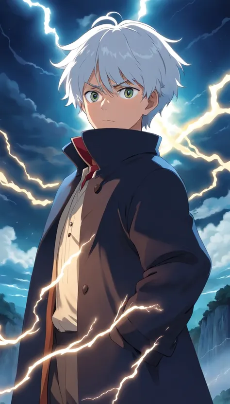 18 year old boy, white hair and black coat. with aura of lightning. serious and cold look