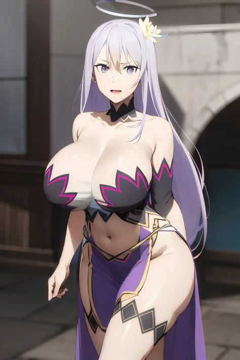 masterpiece, ((royal princess dress )), cleavage, halo circle, (best quality), (long skirt), (solo), 1girl, reona, silver hair, purple hair , long hair, purple eyes, sexy woman, hair between eyes, hair ornament, vibrant colors , natural lighting, RTX, (hug...