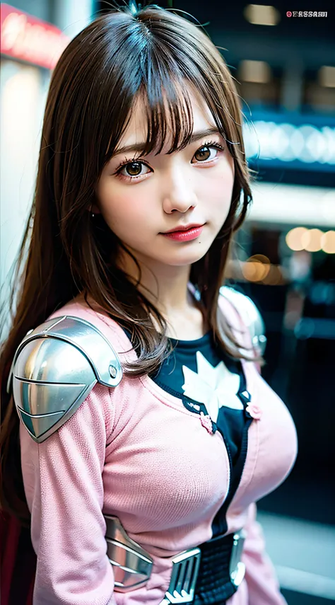 tokusatsu, Superhero,Tokusatsu Pink, (8K, Raw photo:1.2)Detailed face and eyes,Best Quality, 超A high resolution, Highly detailed ,intricate detailes ,masutepiece ,Cute Girl , Soft cinematic light, Hyper-detailing,Sharp Focus, High quality