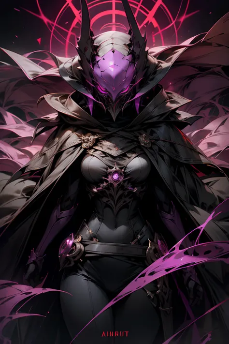 A woman wearing a mask, a cloak that covers her entire body, a mysterious atmosphere, purple light, and eyes that emit a very strong red light.