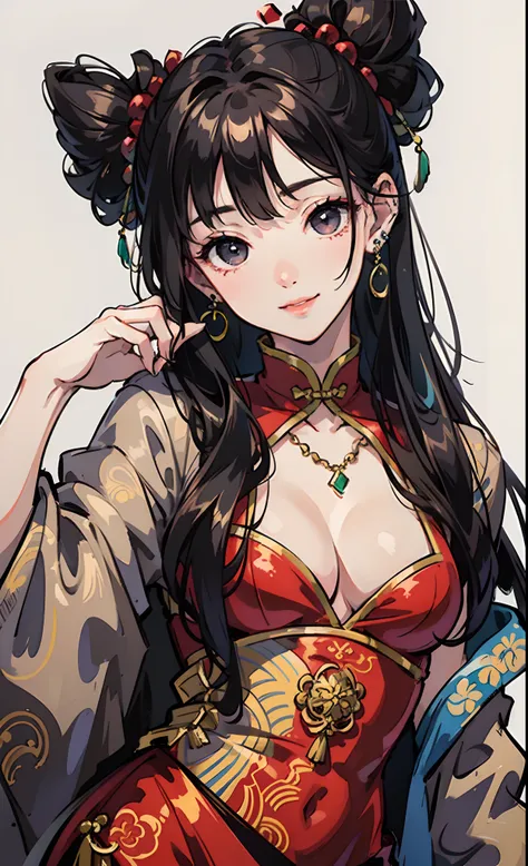 masterpiece, best quality,Chinese style 1girl, jewelry, solo, earrings, necklace, smile, black hair, breasts, cleavage, looking at viewer, white background, upper body, long hair, simple background, closed mouth, black eyes, medium breasts, chinese clothes...