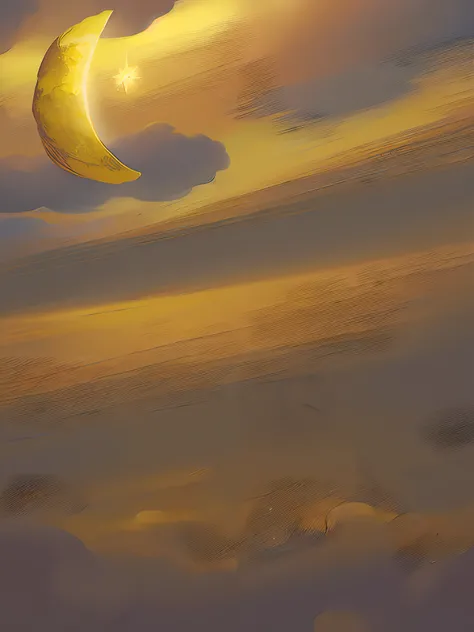 There is a painting of a crescent and a star in the yellow sky, Nuvens amarelas, yellow sky, fundo amarelo macio, fundo estilo conto de fadas, lua brilhando luz dourada, pale yellow sky, luminous sky heaven background, luz da lua no fundo superior, papel a...