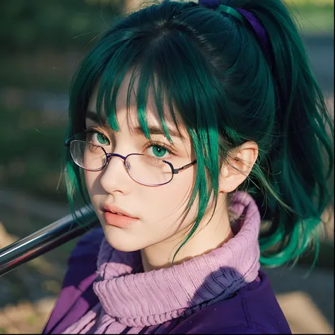 Real life adaption of this character, beautiful face,realistic outfit,detailed eyes,realistic green hair,realistic background,hyper realistic,realism,realistic light, realistic shadow,(photorealistic:1.2), looking to viewer,wear purple glasses