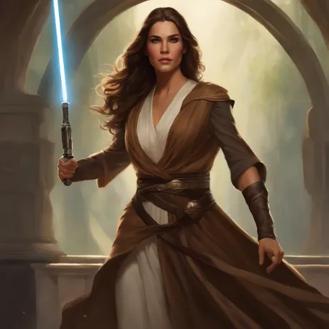 Arte conceitual de personagem ilustrada de uma mulher humana cavaleiro Jedi, Guerra nas Estrelas, slender physique, Braided wild brown hair blows in the wind, Jedi robes and tunic, black belt, carregando dois sabres de luz turquesa, altamente detalhado, es...