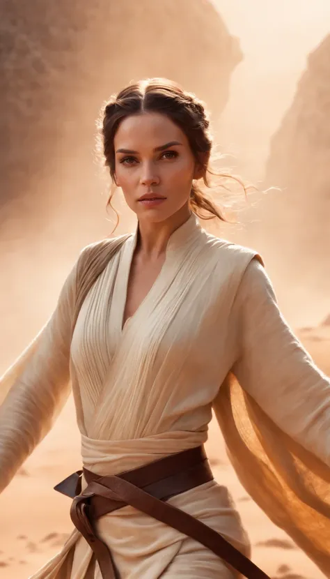 Arte conceitual de personagem ilustrada de uma mulher humana cavaleiro Jedi, Guerra nas Estrelas, slender physique, Braided wild brown hair blows in the wind, Jedi robes and tunic, black belt, carregando dois sabres de luz turquesa, altamente detalhado, es...