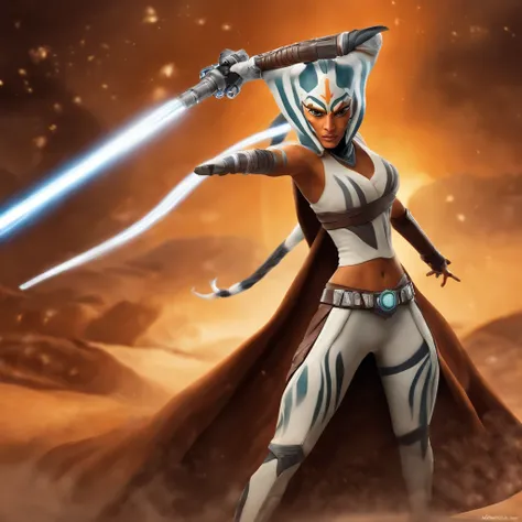 "Create a stunning illustration of Ahsoka Tano in action, with his characteristic white lightsaber and lekkus (tentacles) riding your Jedi prowess in an epic battle arena. Be sure to capture her essence and unique facial expression as she faces a challenge...