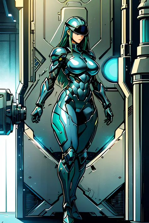 arafe female robocop solo、Big breasts about to burst、full body armored、Blue and silver armor、thin and long legs,、Long metallic green hair、Fitness Body Shape、Helmet with visor to cover the eye area、Pose ready to fight、