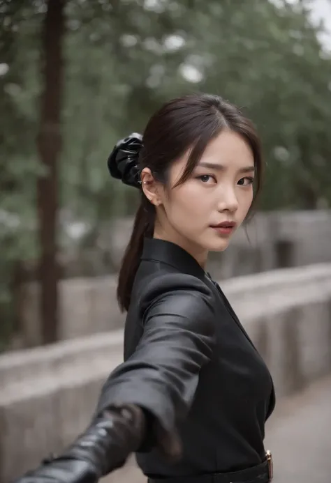 Japanese girl wearing a black three-piece suit up to mens shirt, black leather gloves in both hands, black hair ponytail