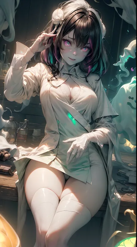 (ghosty:1.85) (doctor:1.5) (nurse:0.65) girl, (white doctor coat:1.4), (spirit, spiritual:1.2), 1girl, perfect and well designed glowing shiny eyes, (beautiful detailed eyes:1.05), natural medium breasts, slim body, beautiful and delicate cute face, (face ...