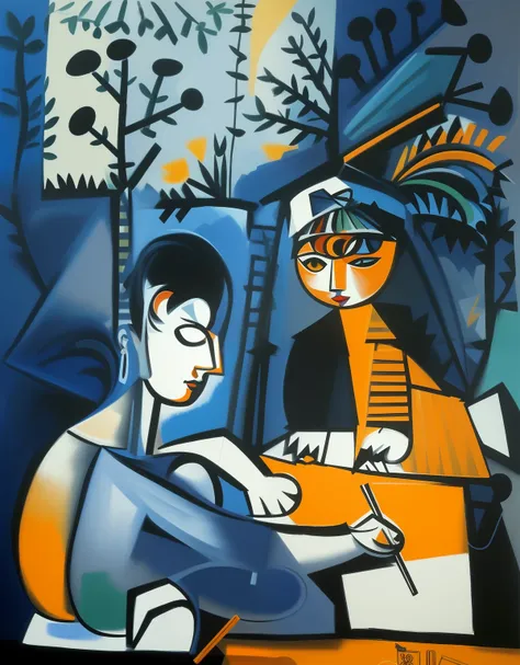 pintura de uma mulher escrevendo uma carta em um jardim, pintura de Pablo Picasso, estilo de picasso, Directed by: Pablo Picasso, por Picasso, Obra-prima de Picasso, Picasso cubista, estilo picasso, similar aesthetics to picasso, inspirado em Pablo Picasso...