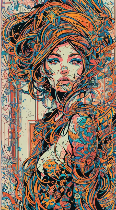 inkpunk, vector style art, young nude woman professional art (naked sexy woman), complex art, ((high detail)) multicolored. ((ab...