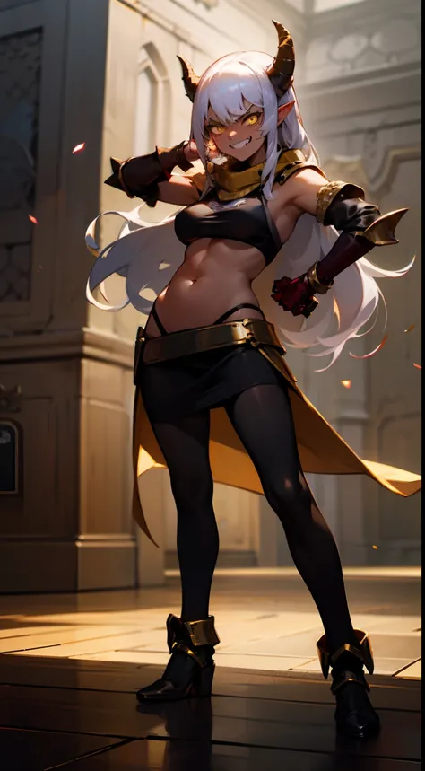 girl,(((dark skin))), hidden arms,long hair, white hair,curly hair,yellow eyes,(((villain,psycho,villain smile, psychopath, angry))), medium boobs,show belly,gold armor outfit, black small shirt,long black stockings, detailed clothes, masterpiece, hyper re...