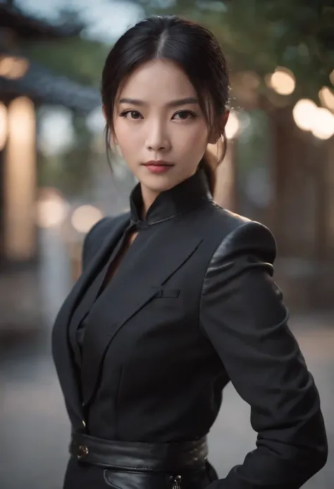 Japanese girl wearing a black three-piece suit up to mens shirt, black leather gloves in both hands, black hair ponytail