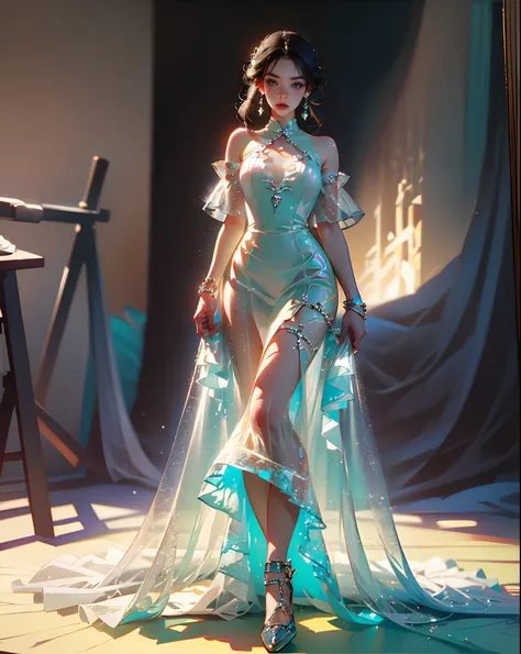 a Korean Model girl stylish for photo shot, wearing (ice see-through long dress, (reality ice dress) for model photo shot in studio ,   stylish post  for photo,(masterpiece), studio lighting background, full body view,hyper detail, hyper resolution , UHD ,...