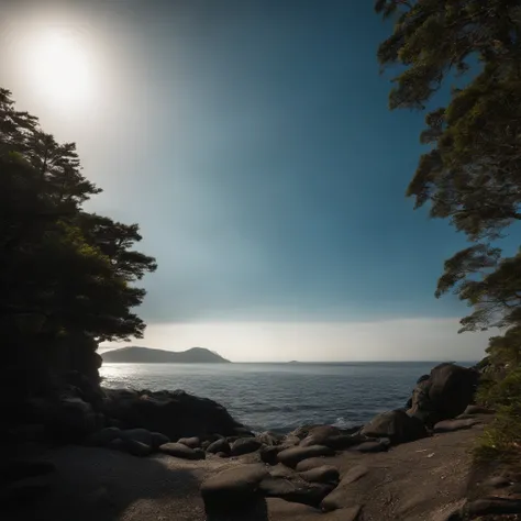 Magnificent view，Wonders of the world，Sunrise dawn，Maritime landscape photography，Pale sunrise, Windless calm and magnificent fluorescent sea surface，Clean and transparent seawater，sandbeach，Yamakawa，strait，Majestic megalithic complex，Cliff overlook view，W...