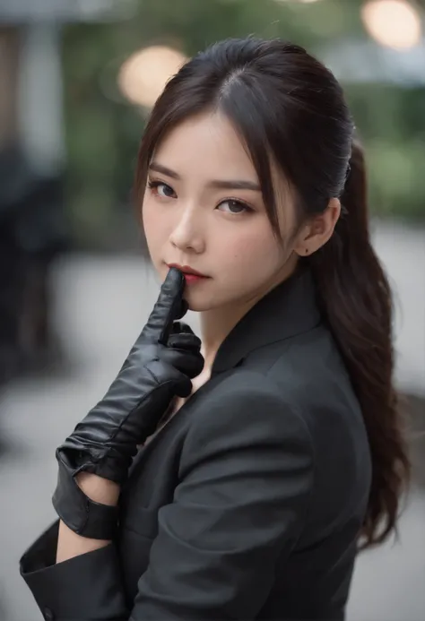 Japanese girl wearing a black three-piece suit up to mens shirt, black leather gloves in both hands, black hair ponytail