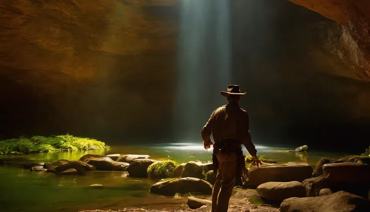 Indiana Jones, Rosto de Harrison Ford, em uma caverna , cercado de nativos, v4 , 8k , cinemactic, alta qualidade