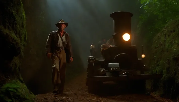 Indiana Jones, Rosto de Harrison Ford, em uma caverna , cercado de nativos, v4 , 8k , cinemactic, alta qualidade