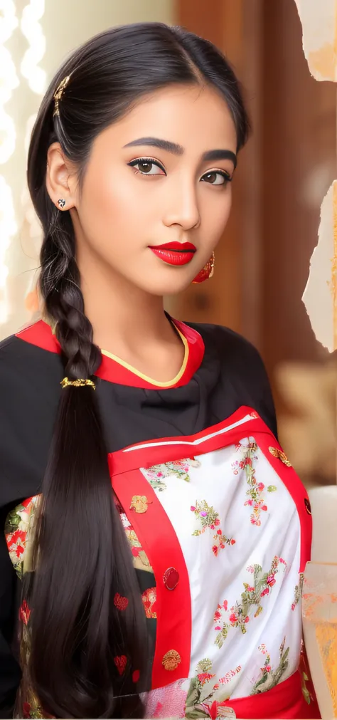 there is a young girl with a black apron and a red lipstick, very beautiful girl, very beautiful enga style, with lovely look, with accurate face, cute beautiful, assamese aesthetic, attractive girl, beutiful face, very beautiful photo, beuatiful face, bea...