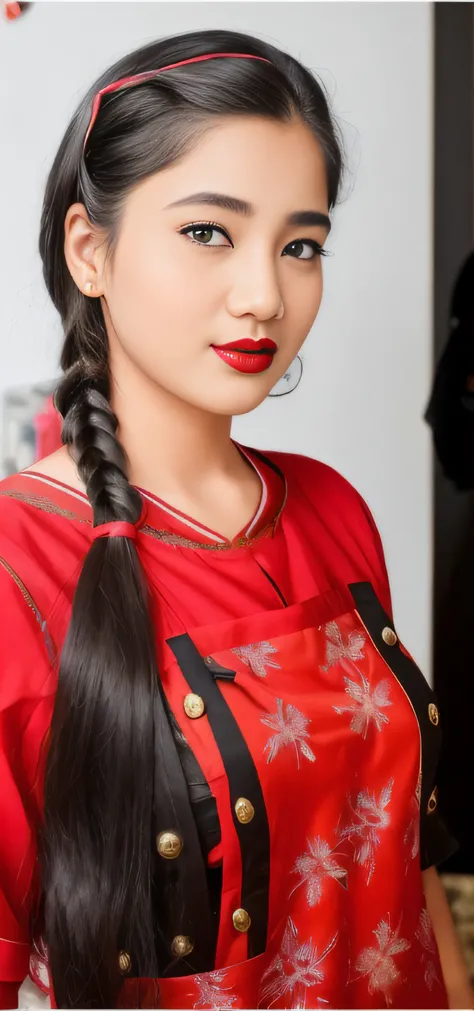 there is a young girl with a black apron and a red lipstick, very beautiful girl, very beautiful enga style, with lovely look, with accurate face, cute beautiful, assamese aesthetic, attractive girl, beutiful face, very beautiful photo, beuatiful face, bea...