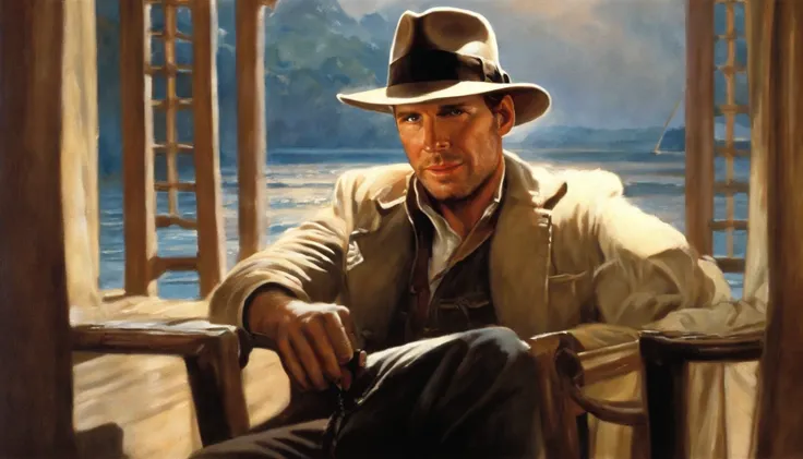 Painting of a man in a hat and jacket sitting in a chair, inspirado por Drew Struzan, arte estilo drew struzan, Indiana Jones, drew struzan inspiration, Artwork by Drew Struzan, Martin then, Retrato da obra, Directed by: Drew Struzan, harrison ford, Indian...