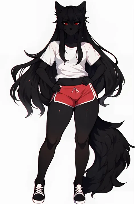 by fumiko, by claweddrip, by hyattlen, an all black furry anthropomorphic wolf girl, all black body, snout, red eyes, long black hair,standing, wearing red shorts, white shirt, thick thighs, all white background, serious face