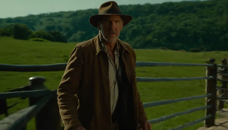 Araffe man in brown jacket and hat walking across a bridge, Harrison Ford de Indiana Jones, Indiana Jones, Eu vou Harrison, ainda de um filme live action, Filme 4k ainda, Filme 4K ainda, an epic western, ainda do filme, 8 k filme ainda, filme promocional a...