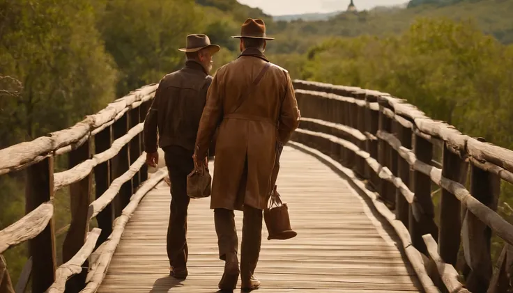 Araffe man in brown jacket and hat walking across a bridge, Harrison Ford de Indiana Jones, Indiana Jones, Eu vou Harrison, ainda de um filme live action, Filme 4k ainda, Filme 4K ainda, an epic western, ainda do filme, 8 k filme ainda, filme promocional a...