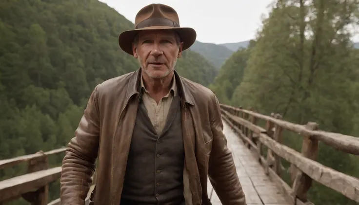 Araffe man in brown jacket and hat walking across a bridge, Harrison Ford de Indiana Jones, Indiana Jones, Eu vou Harrison, ainda de um filme live action, Filme 4k ainda, Filme 4K ainda, an epic western, ainda do filme, 8 k filme ainda, filme promocional a...