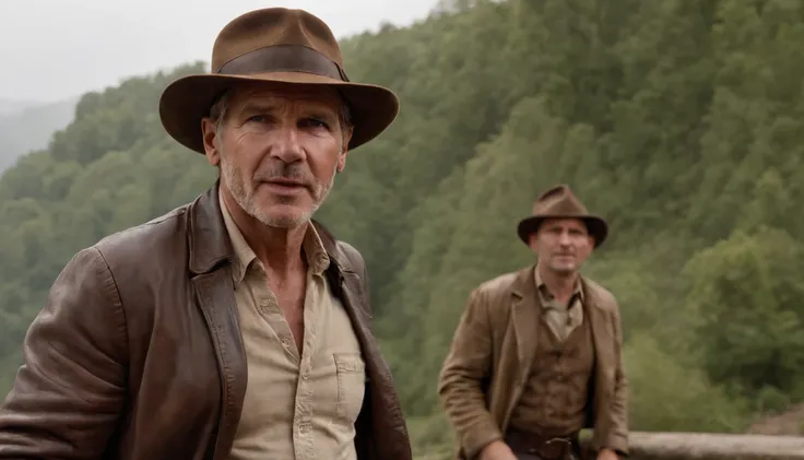 Araffe man in brown jacket and hat walking across a bridge, Harrison Ford de Indiana Jones, Indiana Jones, Eu vou Harrison, ainda de um filme live action, Filme 4k ainda, Filme 4K ainda, an epic western, ainda do filme, 8 k filme ainda, filme promocional a...