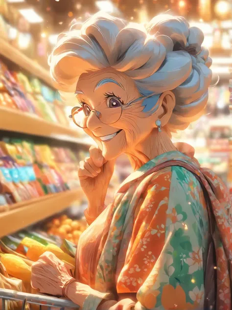 An old grandmother is shopping, cheerfulness, Perfect quality, Clear focus (clutter-home: 0.8), (Masterpiece: 1.2) (Realistic: 1.2) (Bokeh) (Best quality) (Detailed skin: 1.3) (Intricate details) (8K) (Detail eyes) (Sharp focus), (cheerfulness)