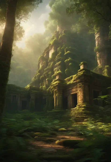 forest mixed with ruins of an ancient civilization with little illimunition