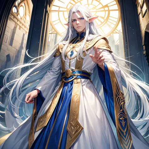 Male Half elf, long white hair,  very tall, muscular, white and gold robes, Pointy ears and vibrant blue eyes with cat-like pupils, stoic expression.