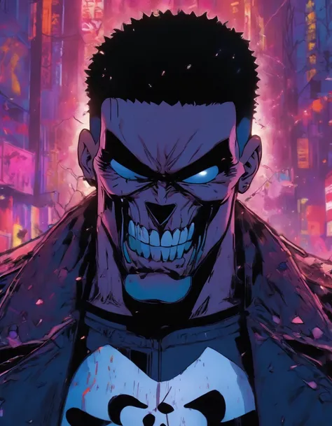 The 19-year-old Punisher wears a black T-head and black jacket ,Yusuke Murata Artstyle, Anime One Punsh Man Style d’art anime , mappa studio animation style