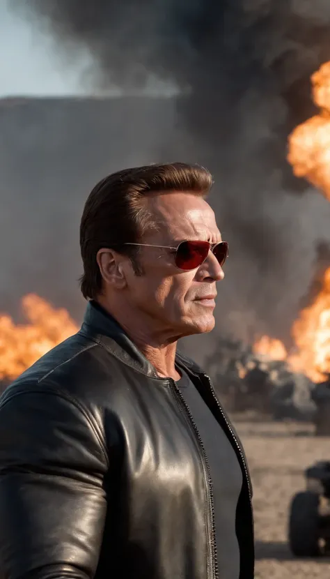 "Filme do Exterminador do Futuro, Futuristic, dystopian cityscape, atmosfera escura e arenosa, intense action scene, Arnold Schwarzenegger como o personagem principal, Iconic black leather jacket, sun glasses, Epic Battle, Explosions, armamento de alta tec...