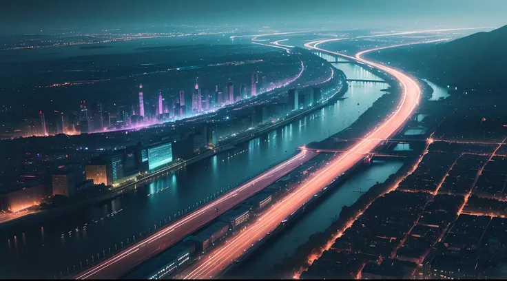 a city at night under the rain, Cinematic, Neon Lamp, Nightlight, Water, River