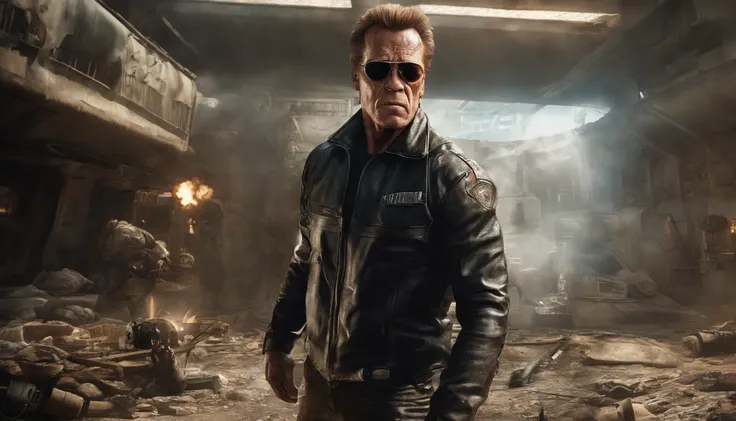 "Filme do Exterminador do Futuro, Futuristic, dystopian cityscape, atmosfera escura e arenosa, intense action scene, Arnold Schwarzenegger como o personagem principal, Iconic black leather jacket, sun glasses, Epic Battle, Explosions, armamento de alta tec...