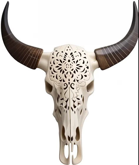 Close-up of a cow skull with horns and long horns, Cow skull, Ornamental bone carvings, with an animal skull for a head, animal skull, animal skull, cow head, Hunting loot, Ram skull, Elephant skull, The corners of the eyebrows are whitish, White horns, ta...