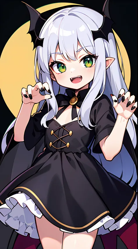 masterpiece,best quality,ultra detailed,8k,solo,petit girl,8 years old,flat chest,smaller female,silver hair,long hair,straight hair,green eyes,vampire,vampire costume,black cloak,black nails,fangs,open mouth,bat (animal),claw pose,crescent moon,