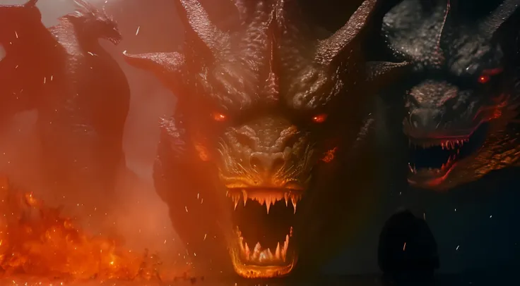 Godzilla is coming out of the fire with a big head, dragon face, dragon breathing fire, asa da morte, epic dragon, giant kaiju dragon monster, dragon in the background, Rei Ghidorah, colossal dragon as background, Drogon, the devil in hell as a dragon, dra...