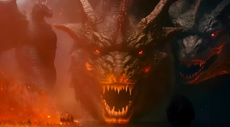 Godzilla is coming out of the fire with a big head, dragon face, dragon breathing fire, asa da morte, epic dragon, giant kaiju dragon monster, dragon in the background, Rei Ghidorah, colossal dragon as background, Drogon, the devil in hell as a dragon, dra...