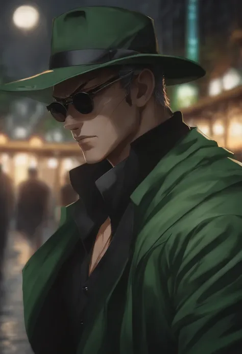 "a detailed artwork by Zoro in an overcoat and a black shirt wearing sunglasses over his face with a serious expression, One piece, 4K, 8k, FULL HD, Corps entier, One piece Art Style, Hyperrealistic drawing style, Clean and detailed anime art, city backgro...