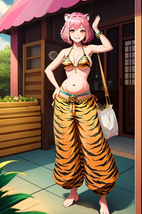 (((tiger girl))), (((pink hair))) (((smile))), (((full body))), (((standing pose))), (((bikini top))), ((((long and baggy Belly Dance Harem Pants)))), (((bare feet))), (((fully detailed)))